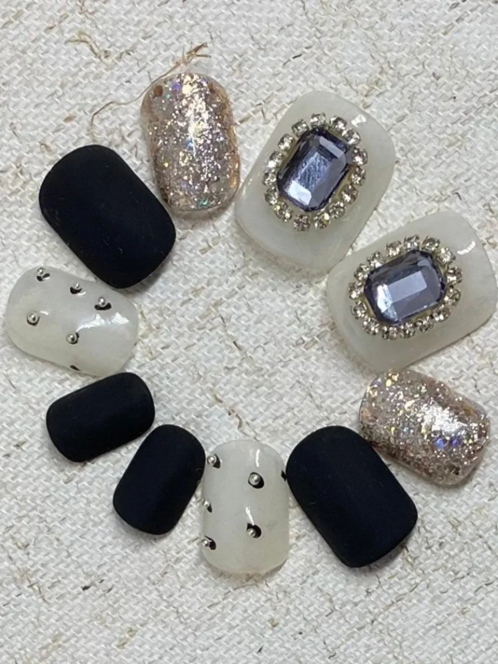 Shimmer Black & White Press-On Nails with Silver Gems